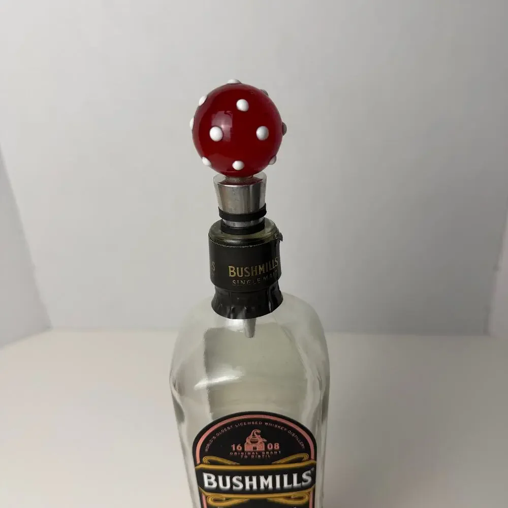 Glass Mushroom Wine Bottle Stopper Red White Polka Dot Barware Cottagecore Gift